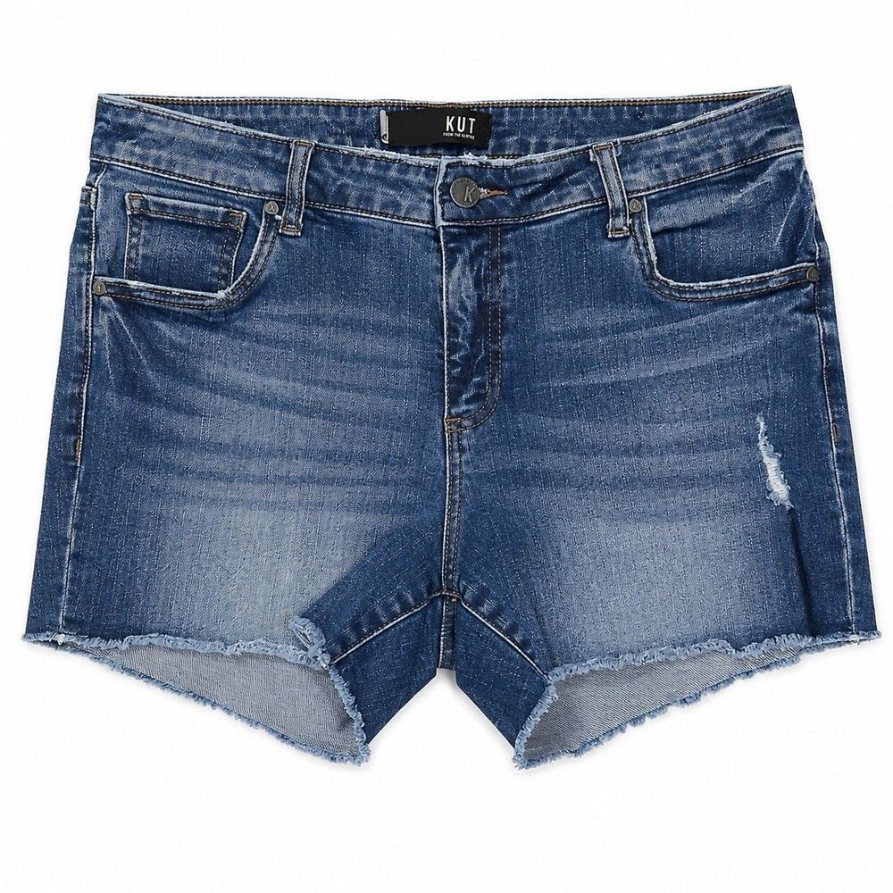 Kut From The Kloth Blue Gidget Fray Whiskered Denim Mid Rise Shorts Women 12 4”
